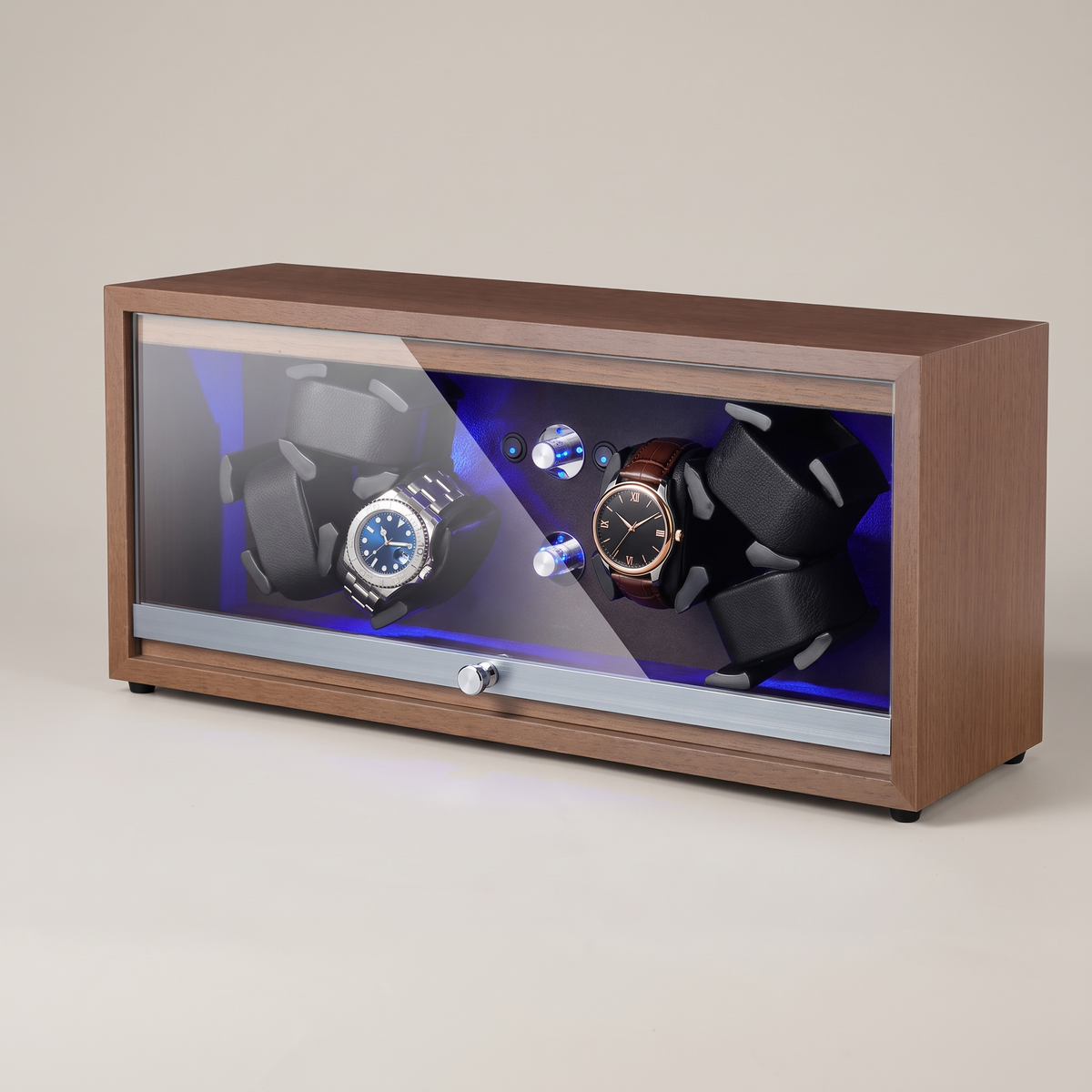 Watch Winder 6 Slots, Black Walnut Wood, Open-Stop, three-quarter studio view