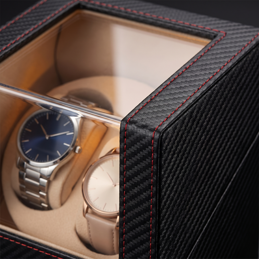 Watch Winder 2 Slots, Leather, Rechargeable, close-up of the finish