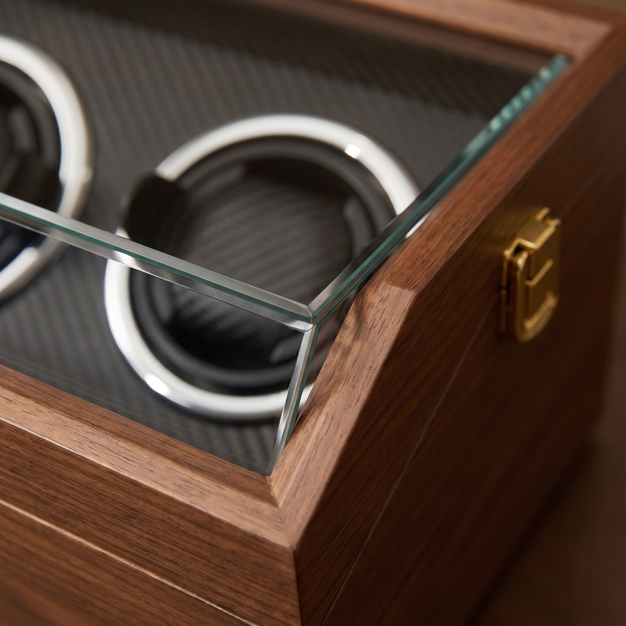 Watch Winder 4 Slots, Walnut, Telescopic Pillows, close-up of the finish