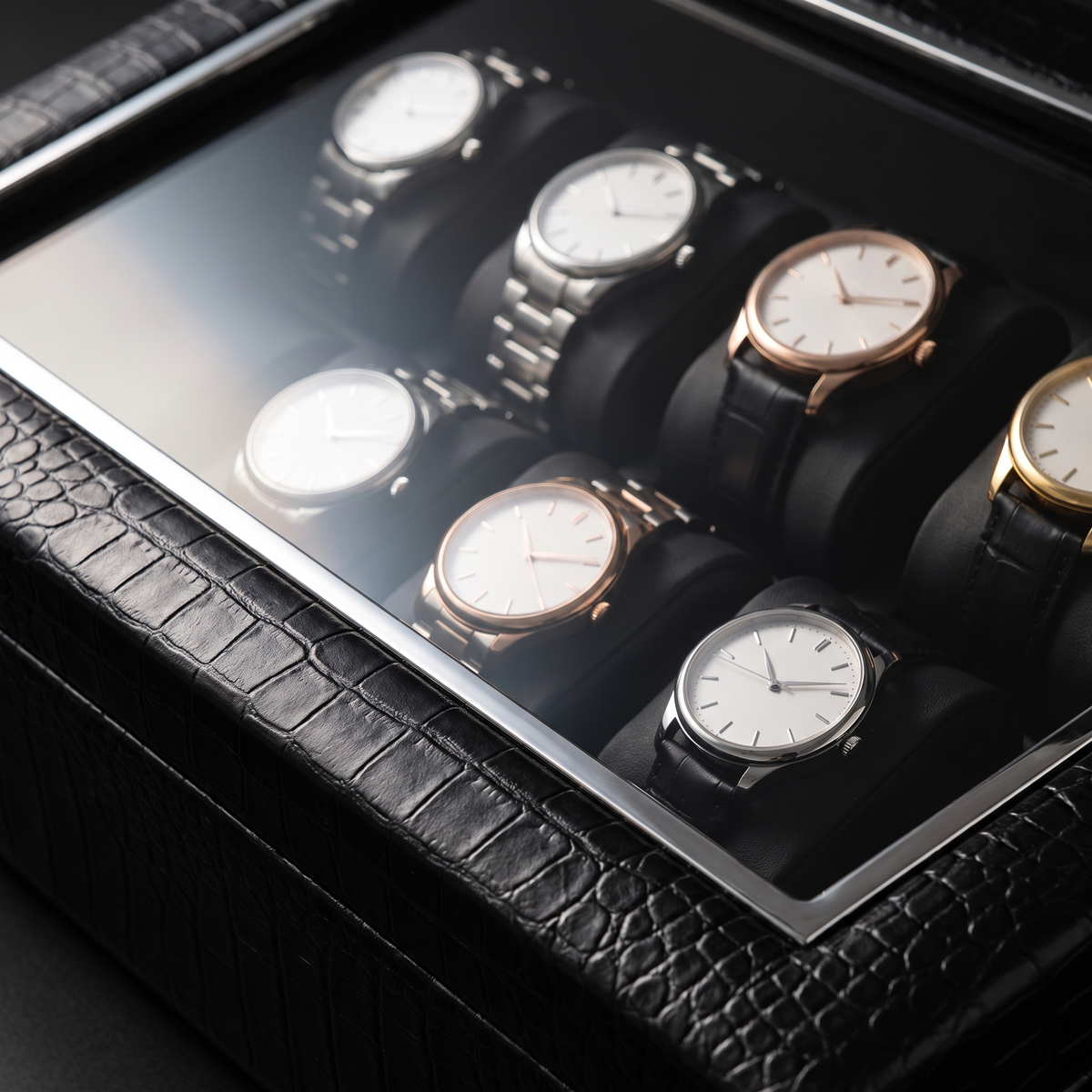 Watch Winder 12 Slots (6+6), Crocodile or Carbon Finish, close-up of the finish