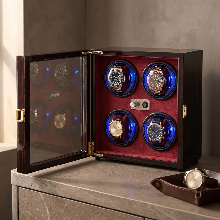 Watch Winder 4 Slots, Walnut & Ebony Wood, close-up of the watch positions