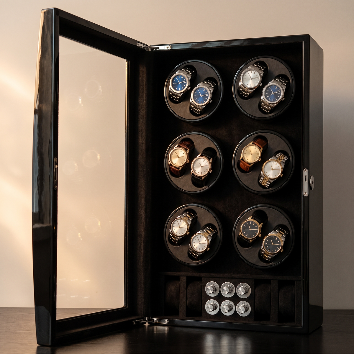 Watch Winder Cabinet, Wood & Glass, close-up of the watch positions