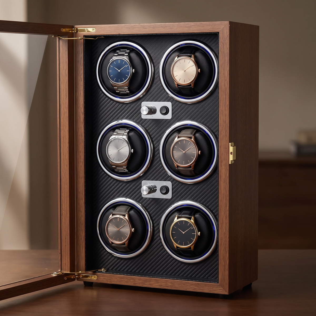 Watch Winder 6 Slots, Walnut with Leather Interior, close-up of the watch positions