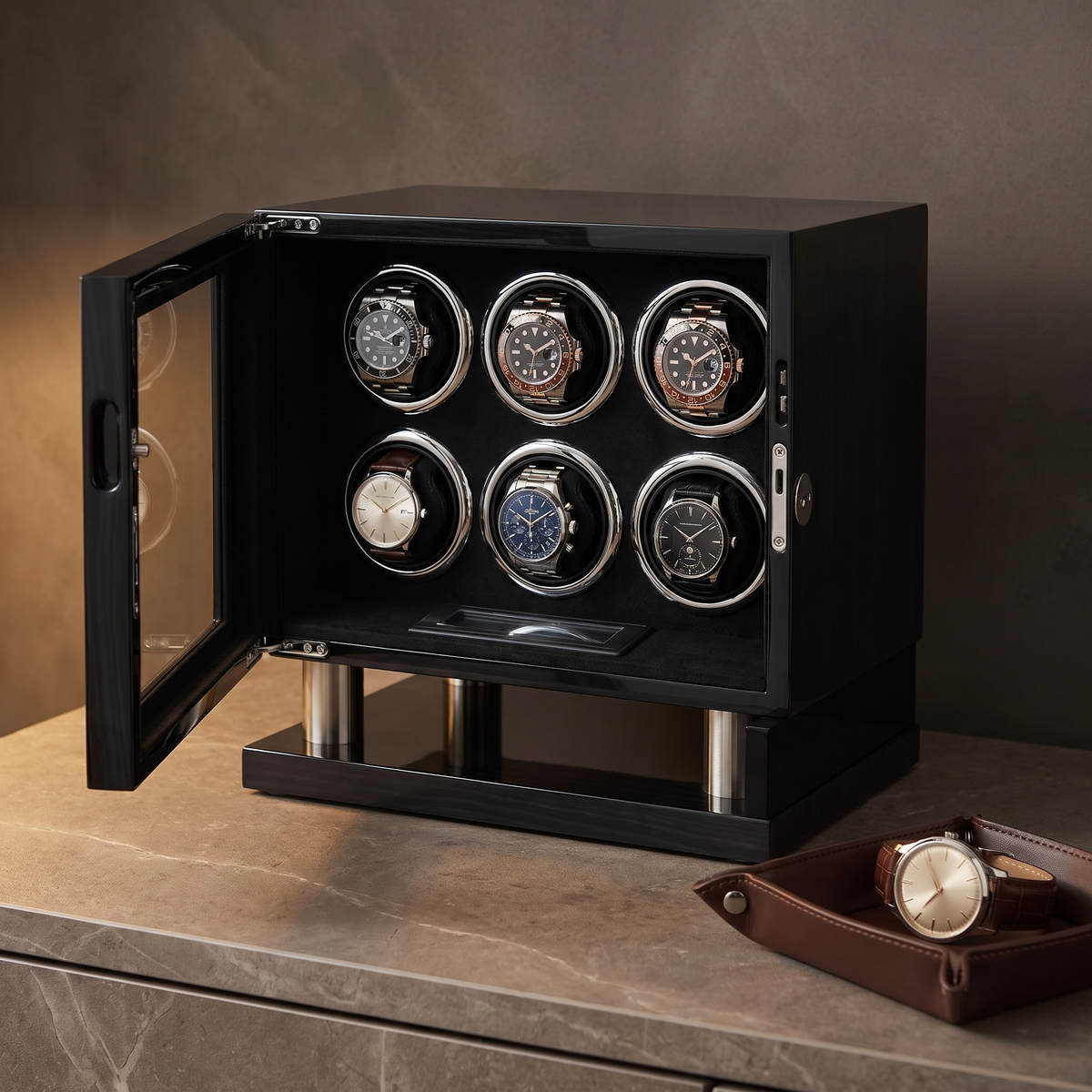Watch Winder Safe 6 Slots, Wood Cabinet, close-up of the watch positions