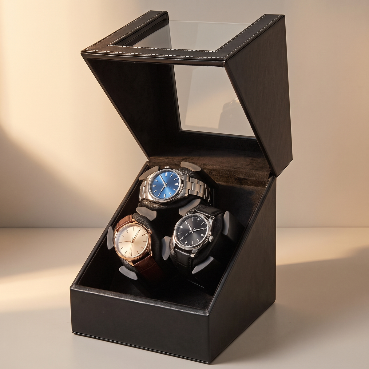 Watch Winder 3 Slots, Leather, close-up of the watch positions