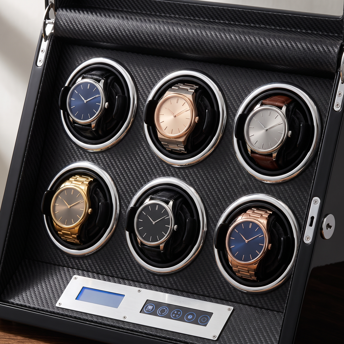 Watch Winder 6 Slots, Carbon Fibre, Touchscreen, close-up of the watch positions