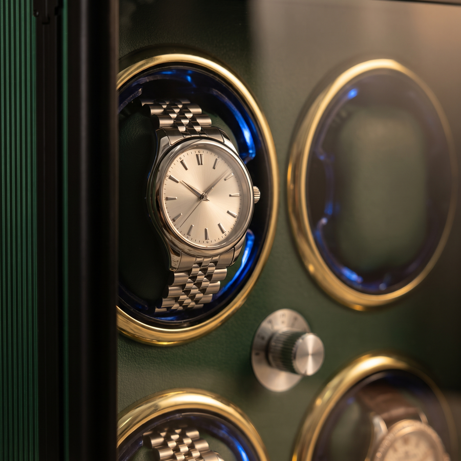 Watch Winder 6 Slots, Aluminium Piano Lacquer, Open-Stop, close-up of the watch positions