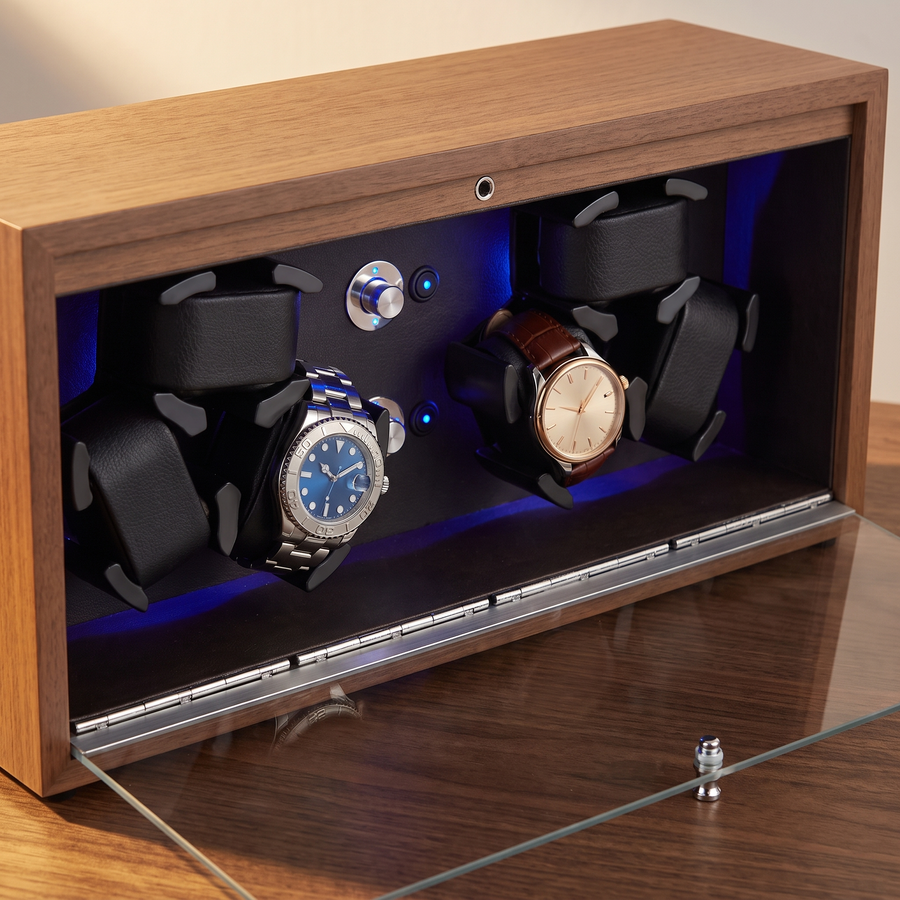 Watch Winder 6 Slots, Black Walnut Wood, Open-Stop, close-up of the watch positions