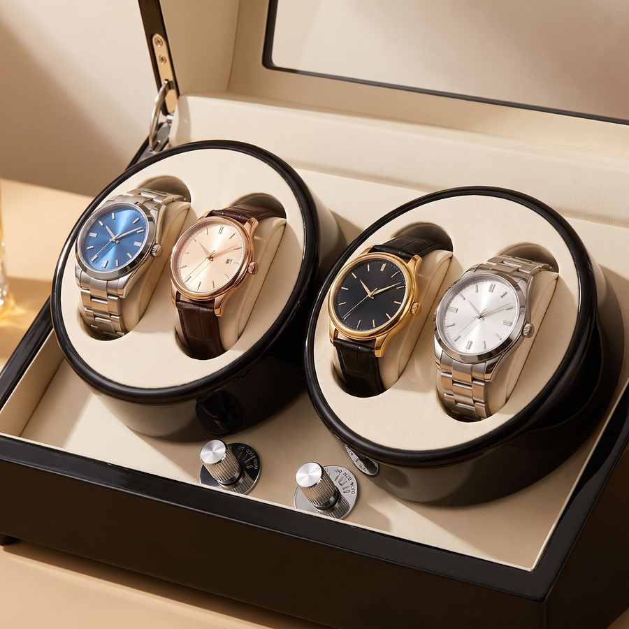 Watch Winder 4 Slots, Wood with Acrylic Window, close-up of the watch positions