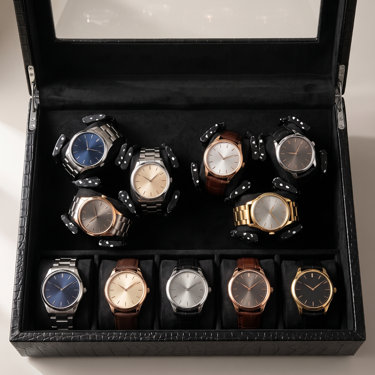 Watch Winder 12 Slots (6+6), Crocodile or Carbon Finish, close-up of the watch positions
