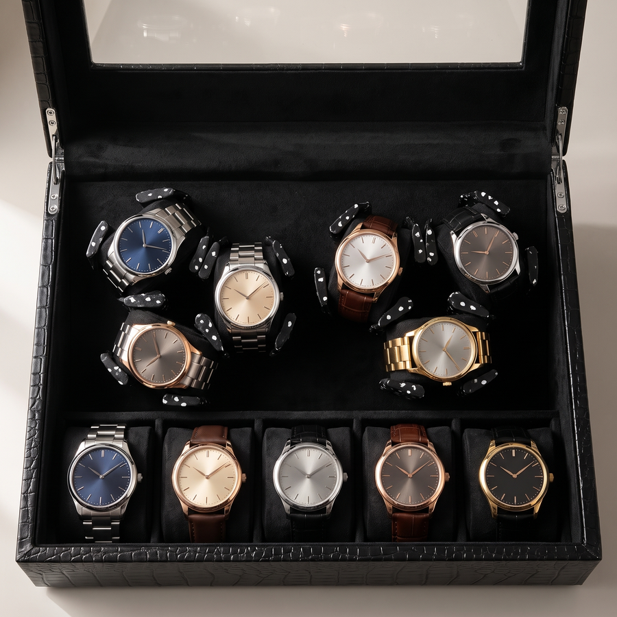 Watch Winder 12 Slots (6+6), Crocodile or Carbon Finish, close-up of the watch positions
