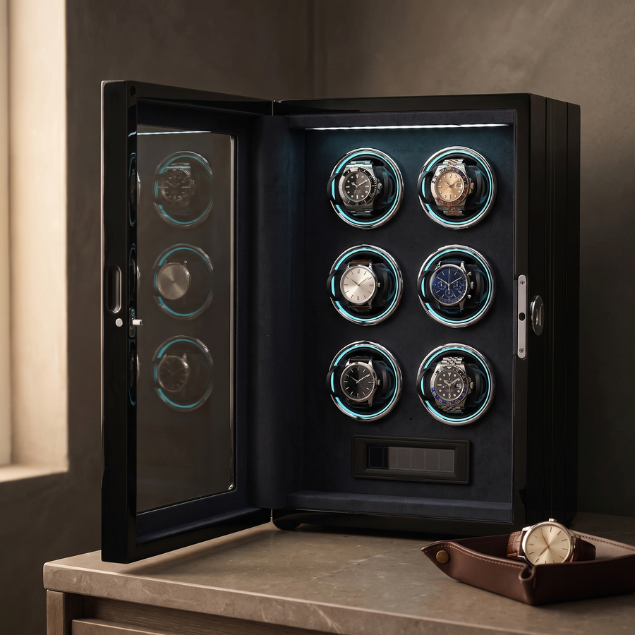 Watch Winder Safe, Fingerprint Lock, Wood Cabinet, close-up of the watch positions