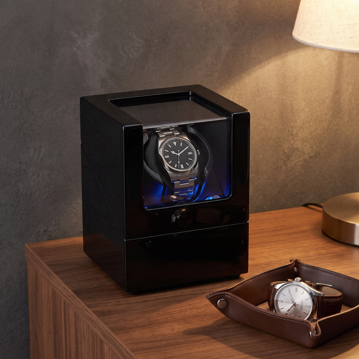 Single Watch Winder, Baked Lacquer Wood, on a nightstand