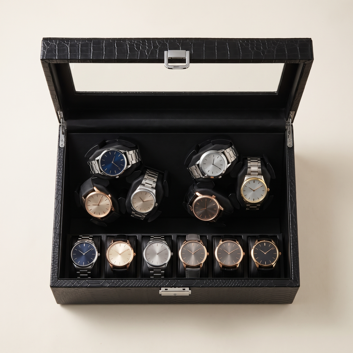 Watch Winder 12 Slots (6+6), Crocodile or Carbon Finish, every position filled