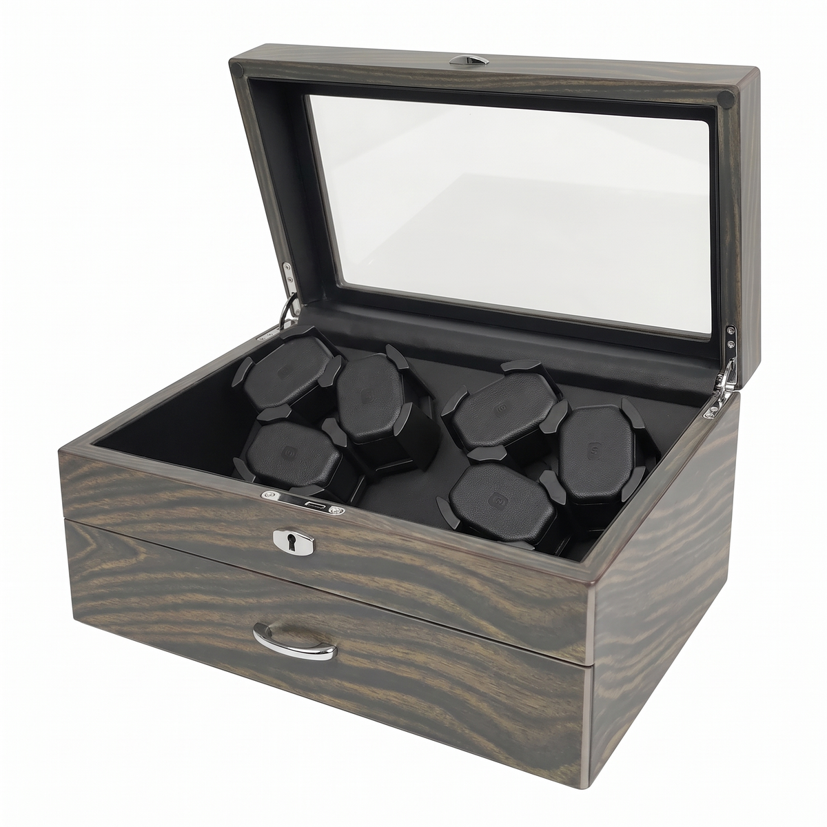 Watch Winder 12 Slots (6+6), High-Gloss Wood, every position filled
