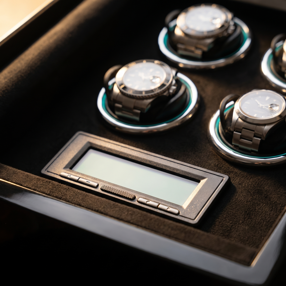 Watch Winder Safe, Fingerprint Lock, Wood Cabinet, close-up of the control panel