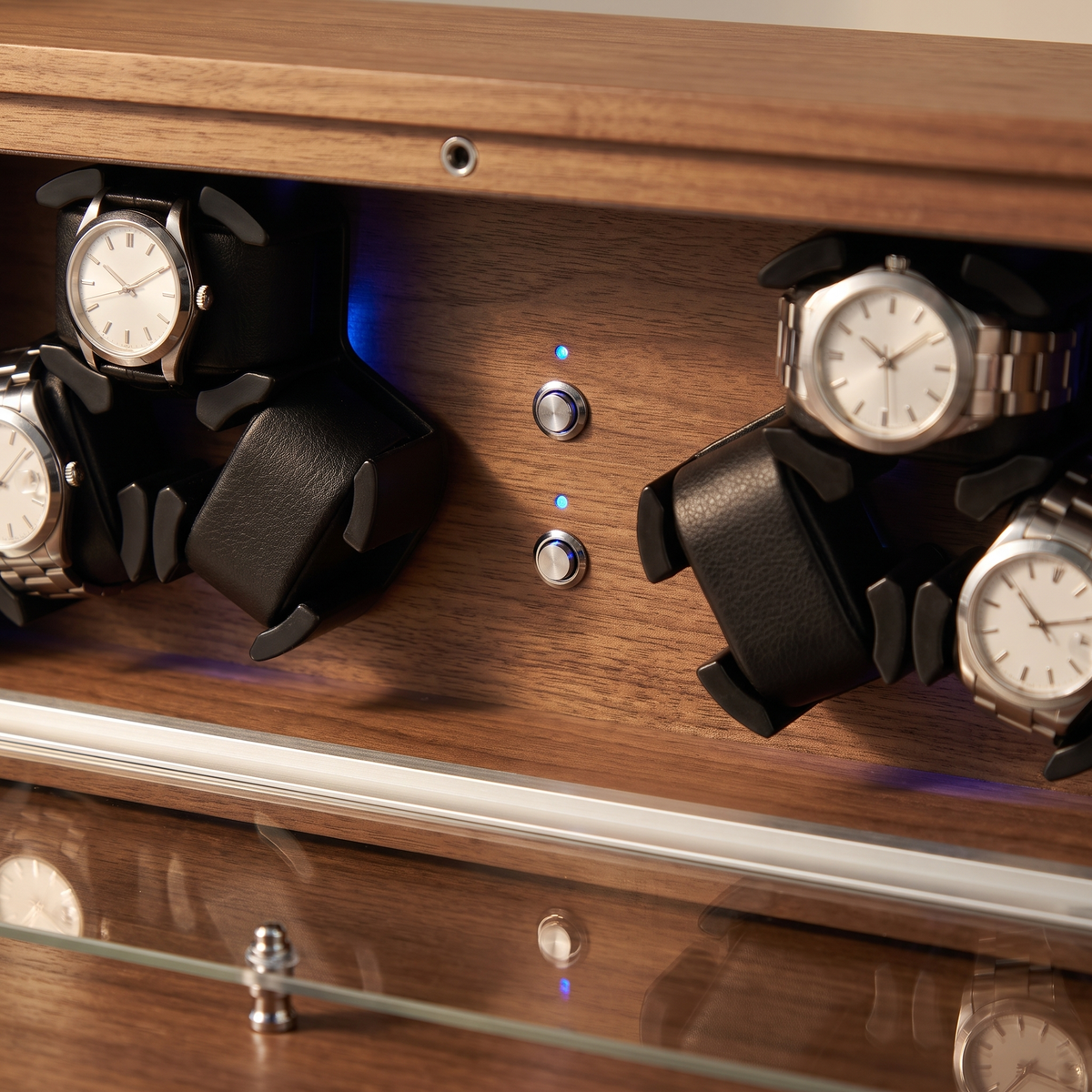Watch Winder 6 Slots, Black Walnut Wood, Open-Stop, close-up of the control panel