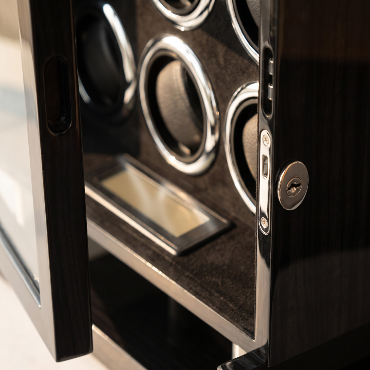 Watch Winder Safe 6 Slots, Wood Cabinet, close-up of the control panel
